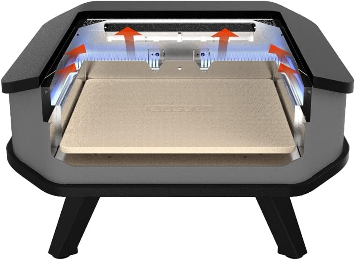 Cozze® 90349 13' Gas Pizza Ofen mit Thermometer mobiler Pizzaofen Pizzastein Gasgrill bis 400 degreeGrad regelbar mit 34x34 cm Pizzastein tragbar Terrasse Balkon, Schwarz