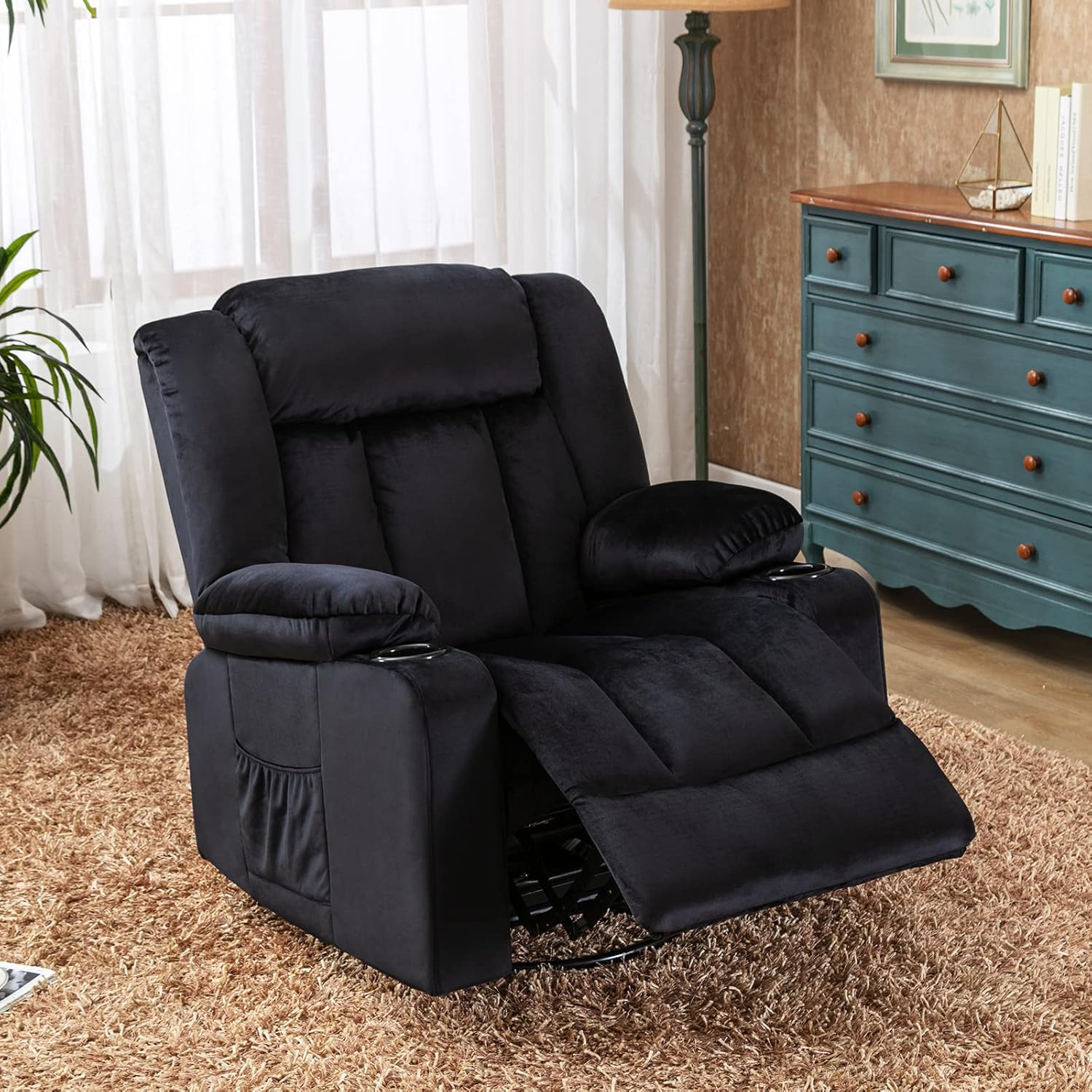 COMHOMA Manueller Drehbarer Relaxsessel für Erwachsene mit Verstellbarer Rückenlehne und Fußstütze, 360° Lounge Sessel für Wohnzimmer, Weicher Stoff, Ergonomisch, Schwarz