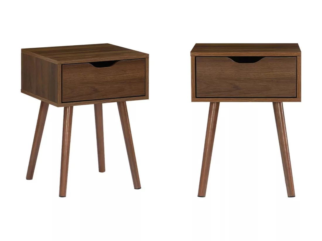 Lot de 2 tables de chevet décor bois teinté noyer. 1 tiroir
