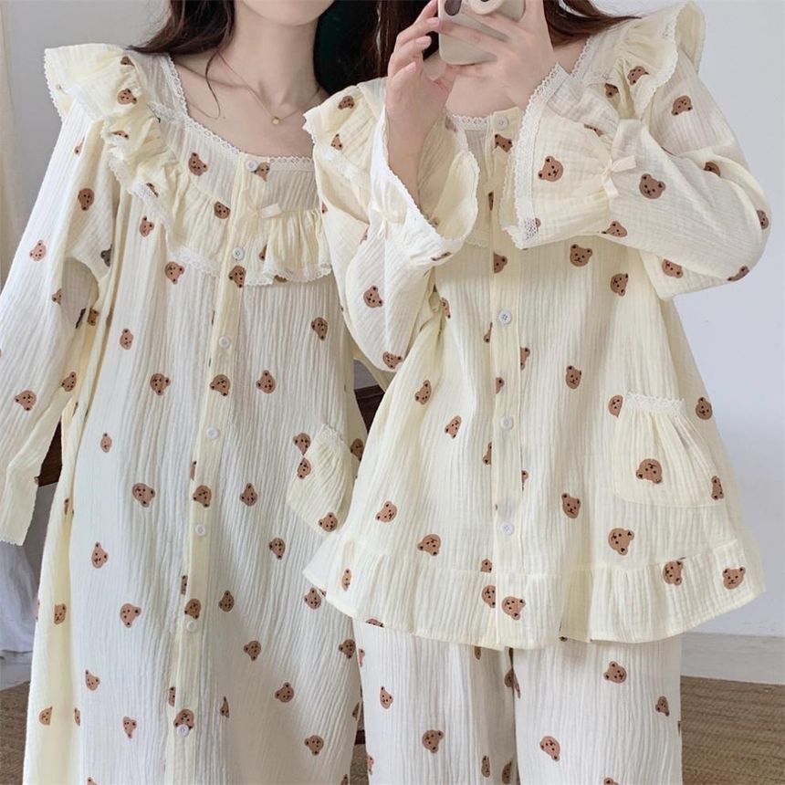 Gecko - Pyjamashirt / Broek / Pyjamajurk / Set met berenprint en kant