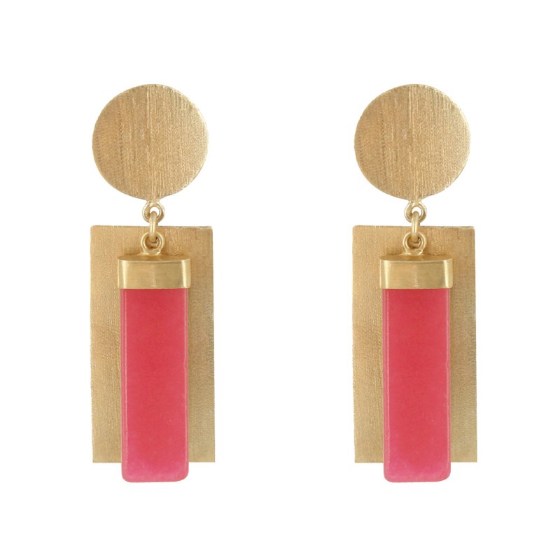 Boucles d'Oreilles Laiton Doré Disque et Rectangle Coloré