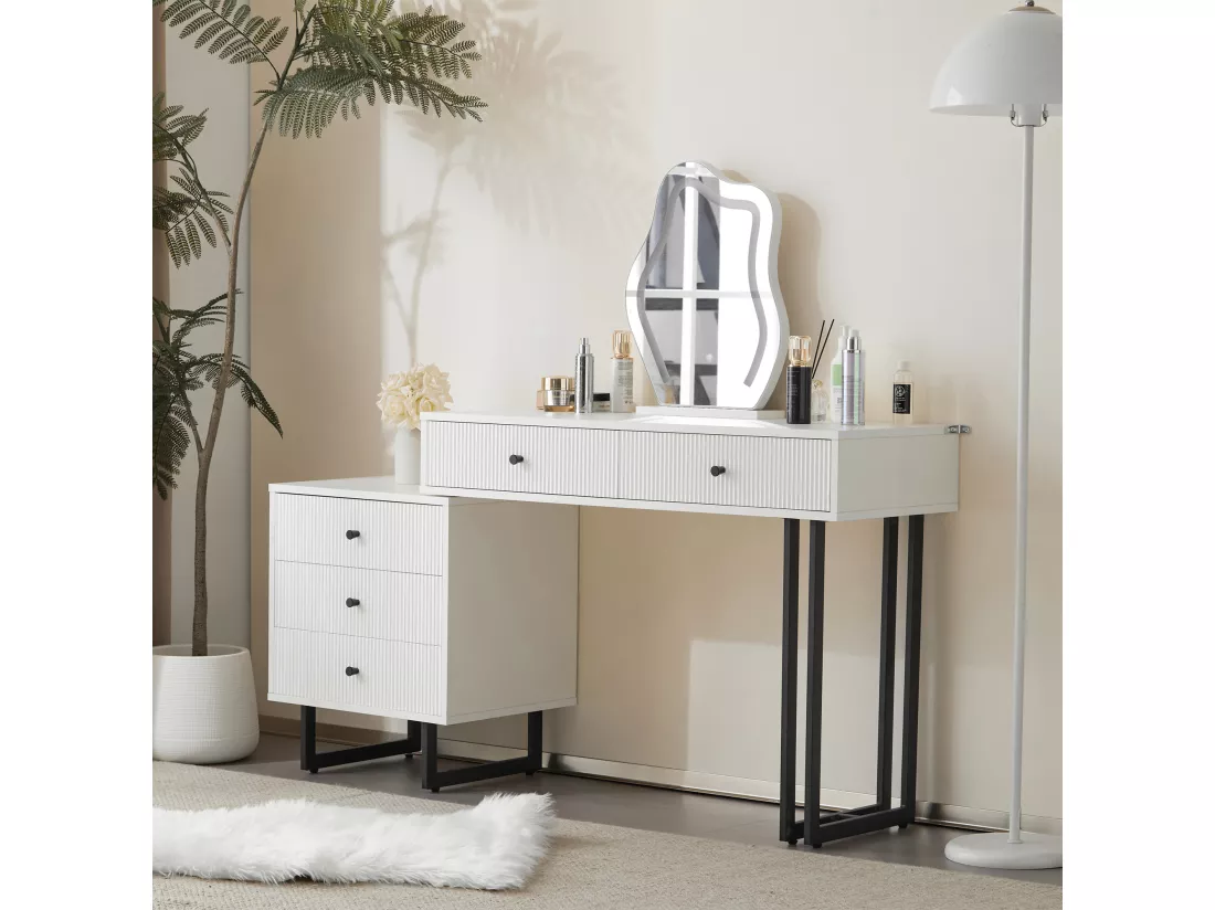Coiffeuse avec miroir et 5 tiroirs - 100 x 40 x 76 cm - Panneau de particules - LEDs - Plateau extensible - Blanc (sans tabouret)