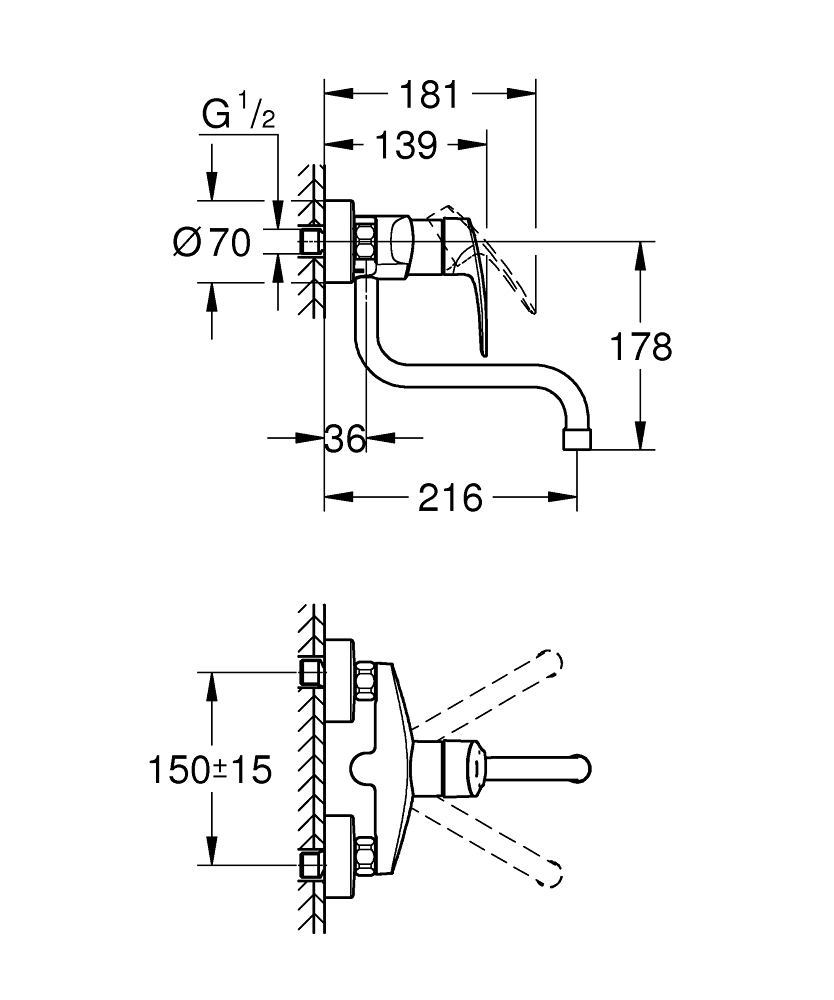 Grohe Eurosmart keukenkraan wand met lage uitloop sprong 21,6cm chroom