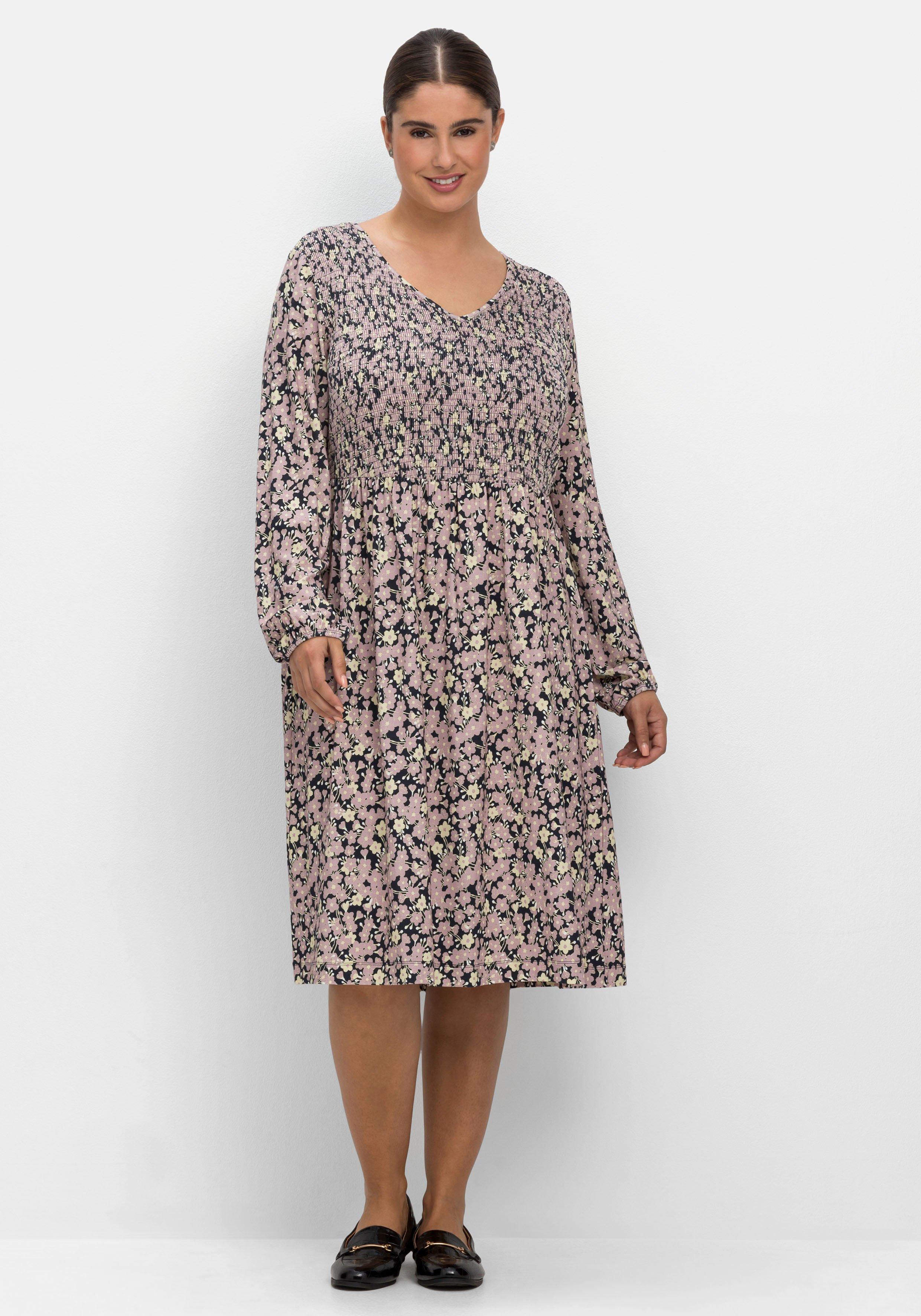 Jerseykleid mit Alloverdruck und Smok-Oberteil
