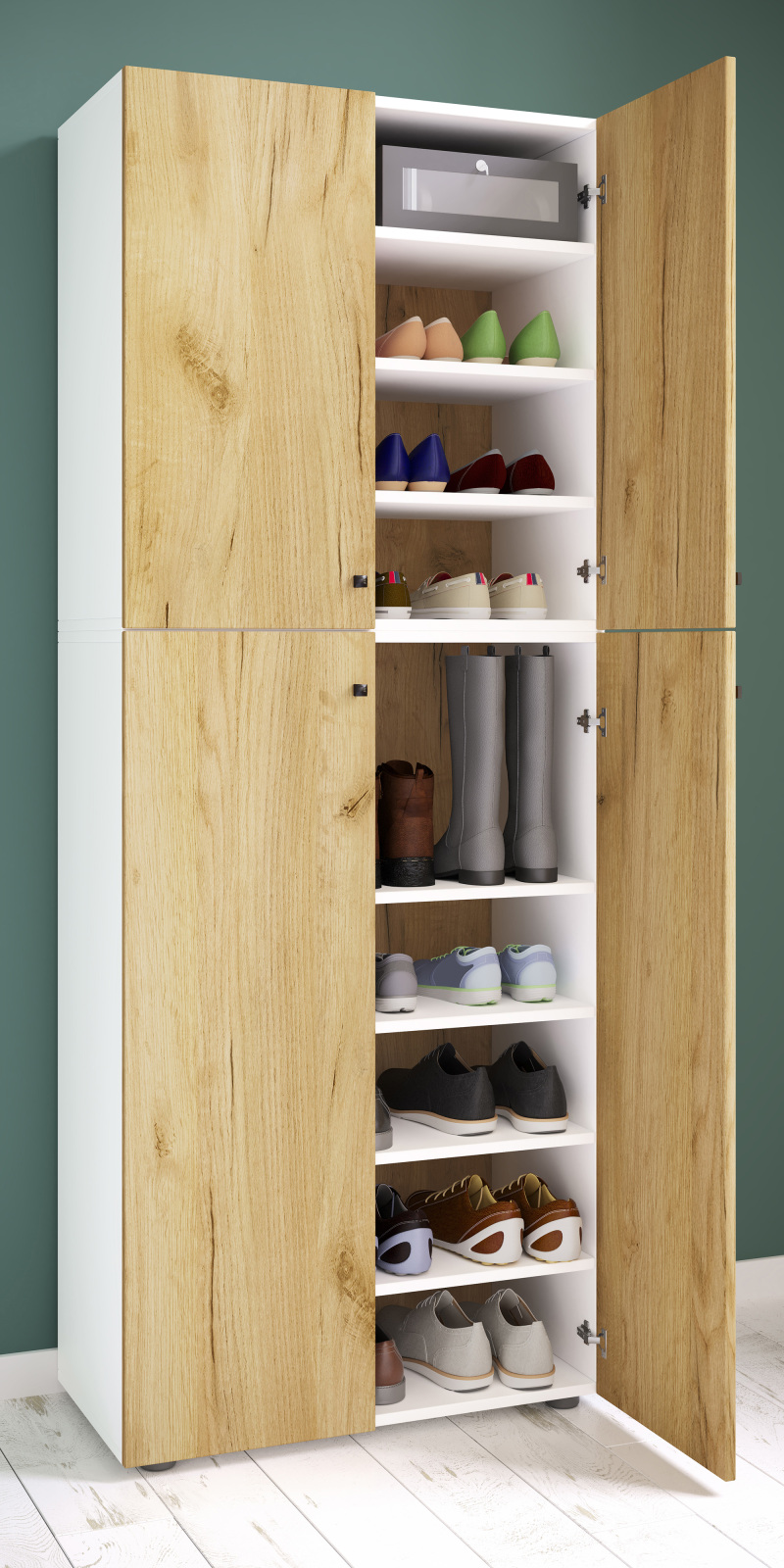 Schuhschrank LONA XXL - weiß-Honig-Eiche - 9 Einlegeböden - 182 cm
