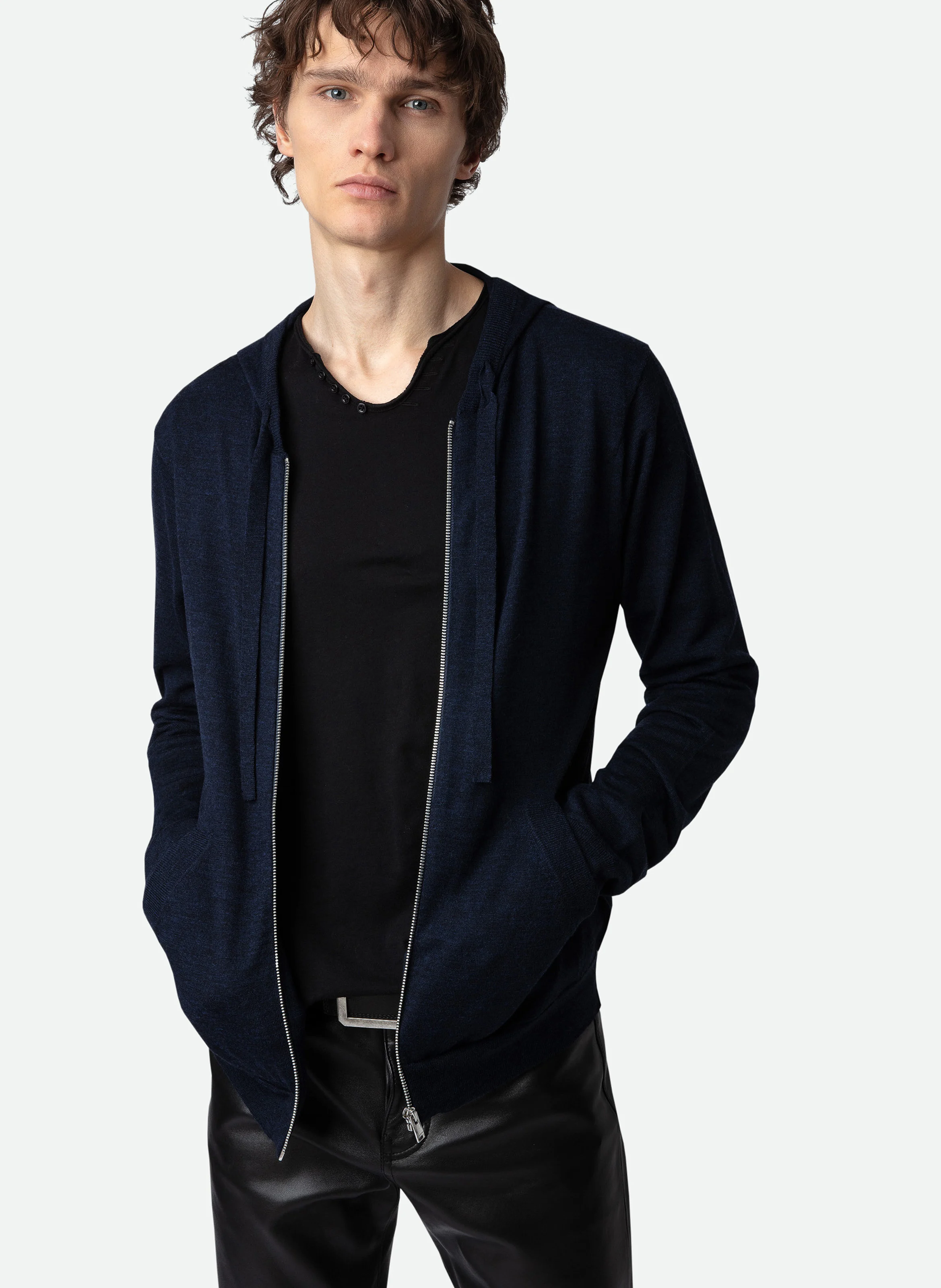 CLASH - Pull à capuche regular-fit zippé en laine mérinos | Bleu