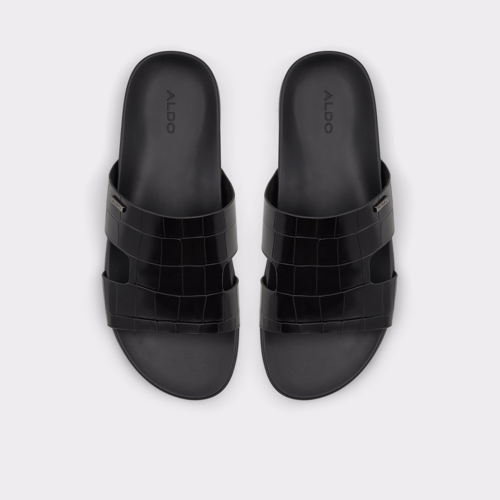 Mondi Black Leather Croco Men Sandals & Slides
