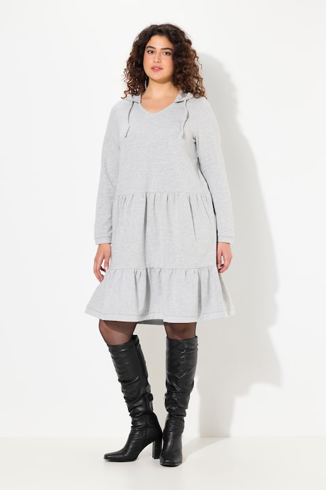 Sweatkleid, Kapuze, A-Linie, V-Ausschnitt, Langarm