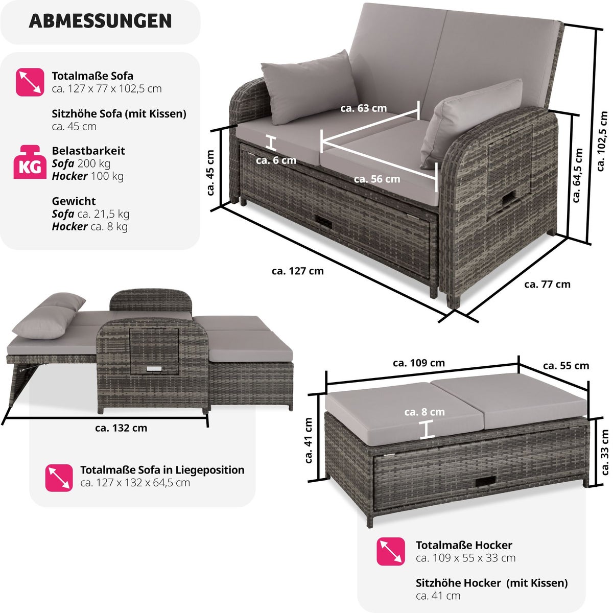 Rotan bank tectake Kreta met aluminium frame, opbergruimte en beschermhoes