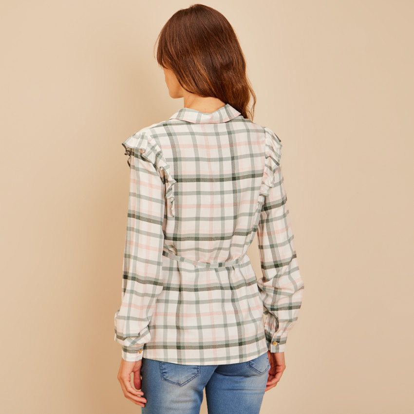 Chemise manches longues à carreaux et ceinturée pour femme