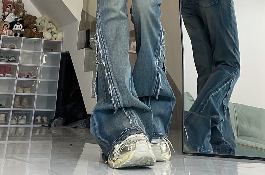 2DAWGS - Mid Waist Fringed Washed Bootcut Jeans