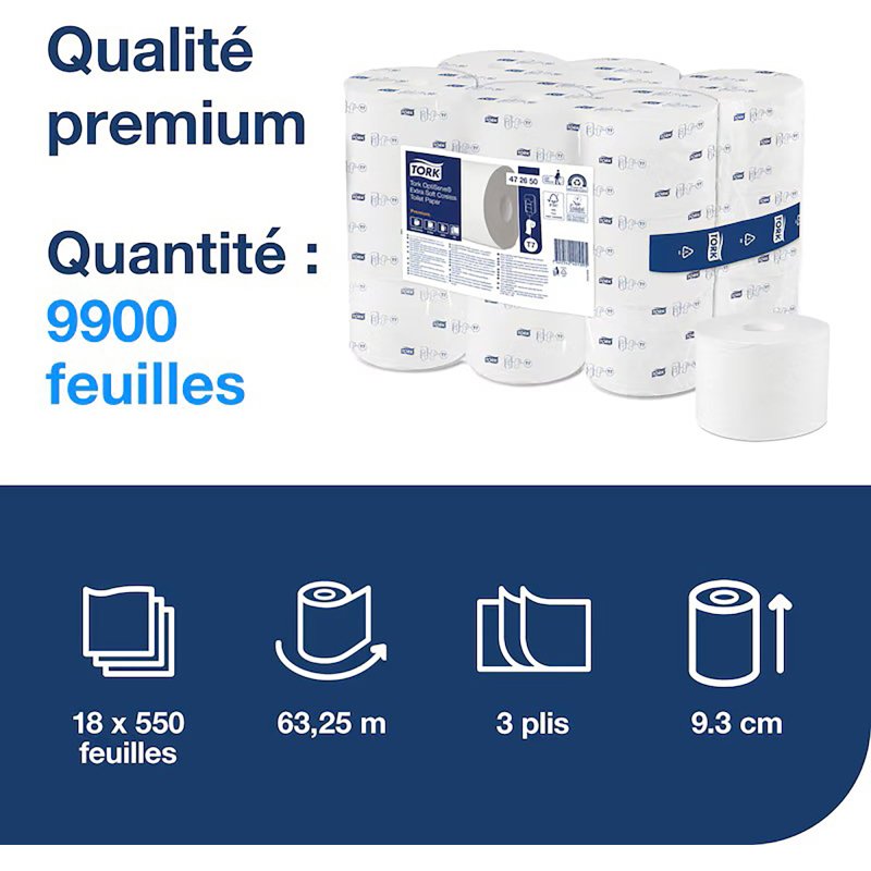 Papier toilette triple épaisseur Tork Premium T7 - 18 rouleaux de 550 feuilles