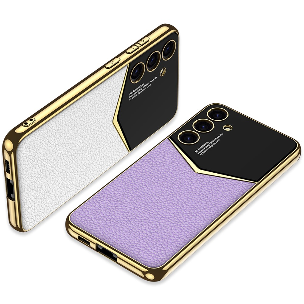 Samsung Galaxy S24 Leder Hardcase Hülle mit Galvanisiertem Rahmen   Kameraschutz - Gold / Lila