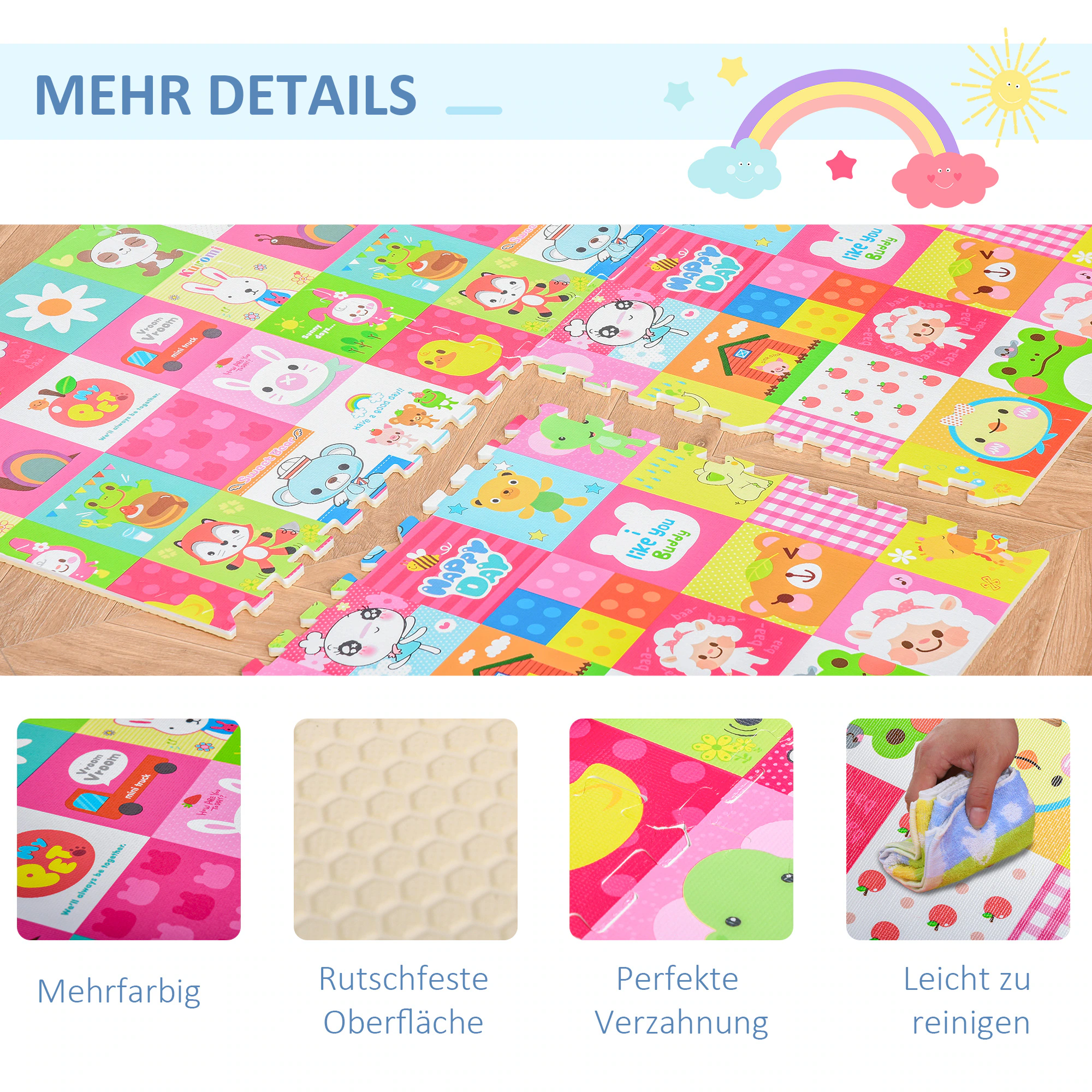 HOMCOM Puzzlematte 16-teilig mehrfarbig 61,5 x 61,5 x 1 cm (LxBxH)