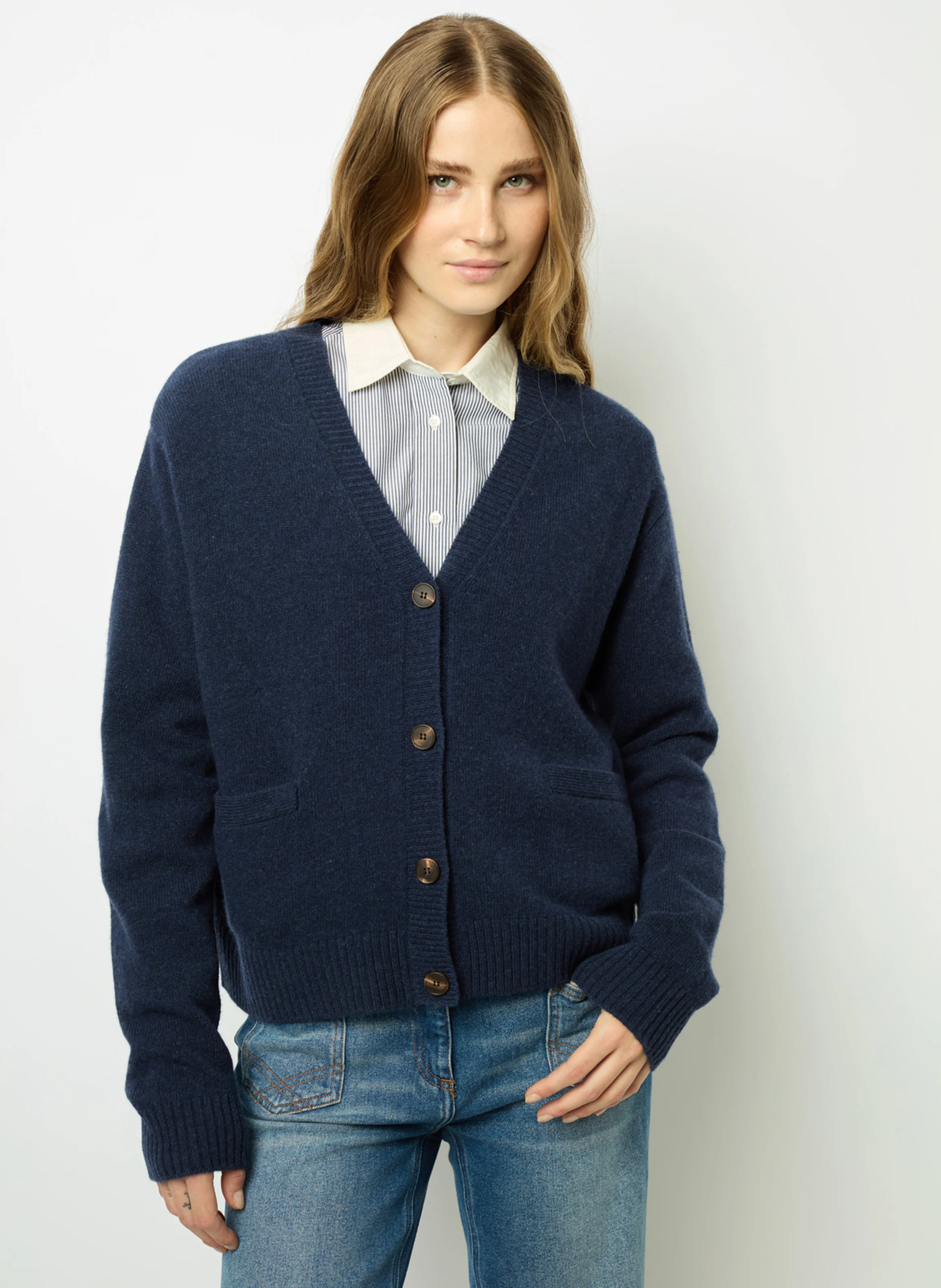 JEANETTE - Gilet col V en laine mélangée | Bleu