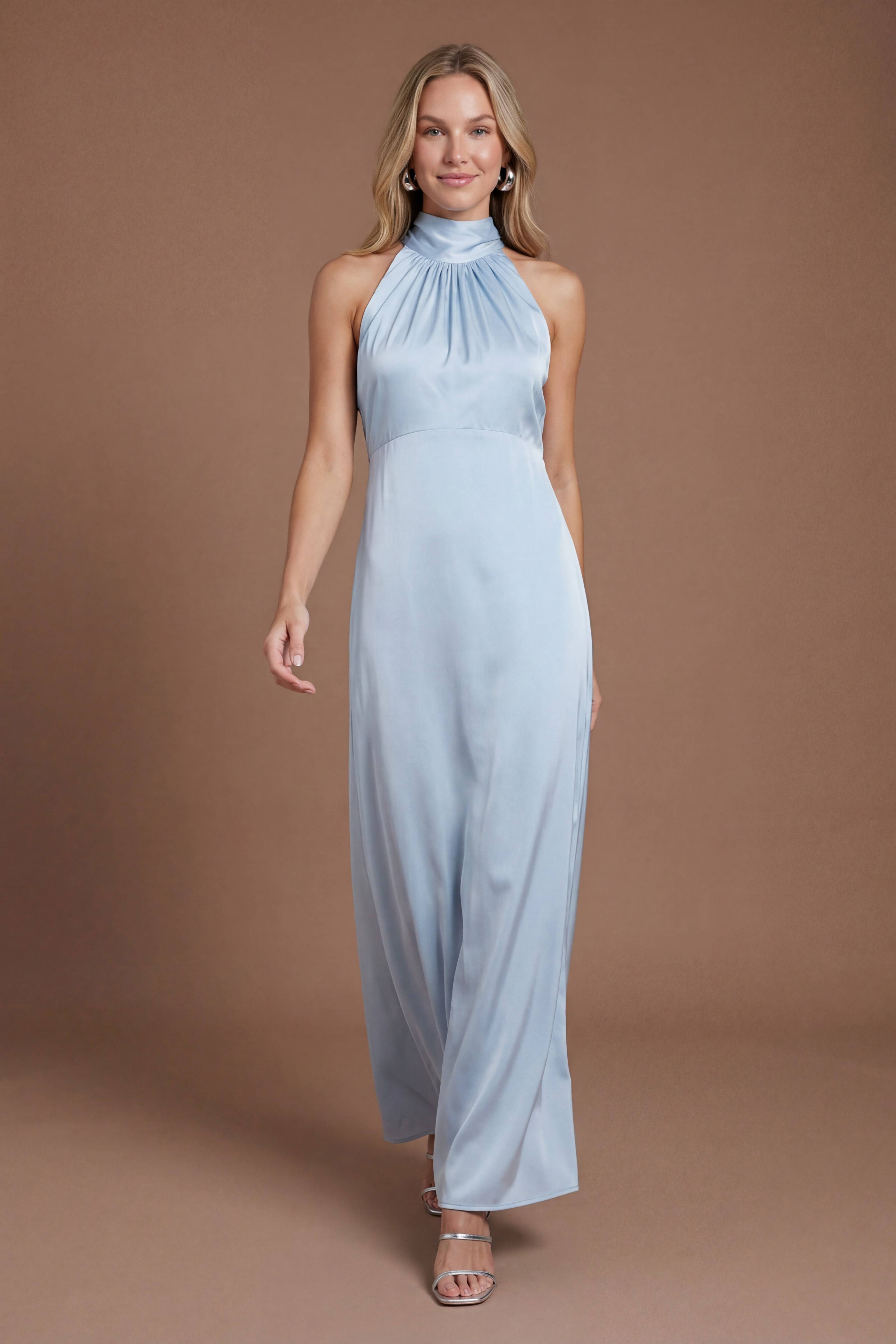 Oasis Robe Longue De Demoiselle D'honneur En Satin Bleu Clair À Col Licou