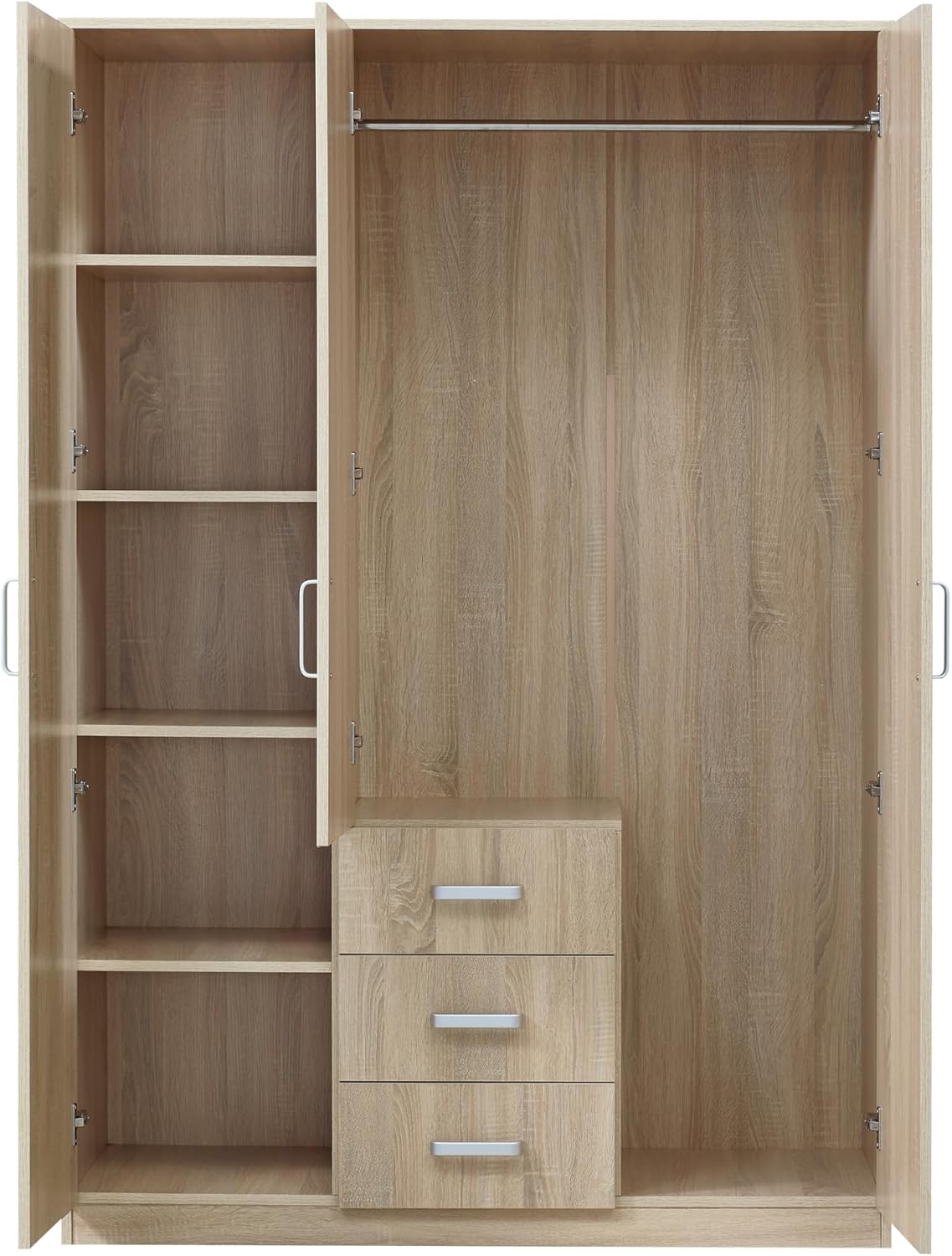 [en.casa] Kleiderschrank Bodolz Schrank mit 3 Türen Garderobenschrank mit Spiegel 176 x 120 x 52 cm Schlafzimmerschrank 1 Kleiderstange 3 Schubladen 5 Fächer Sonoma-Eiche