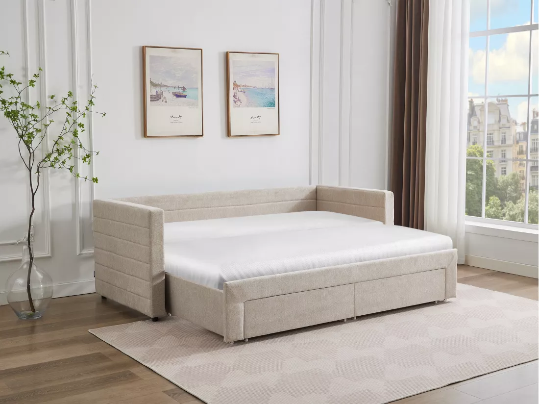Lit gigogne 2 x 80 x 200 cm - Avec sommier peigne et tiroirs - Tissu texturé - Beige + Matelas - CAMITY