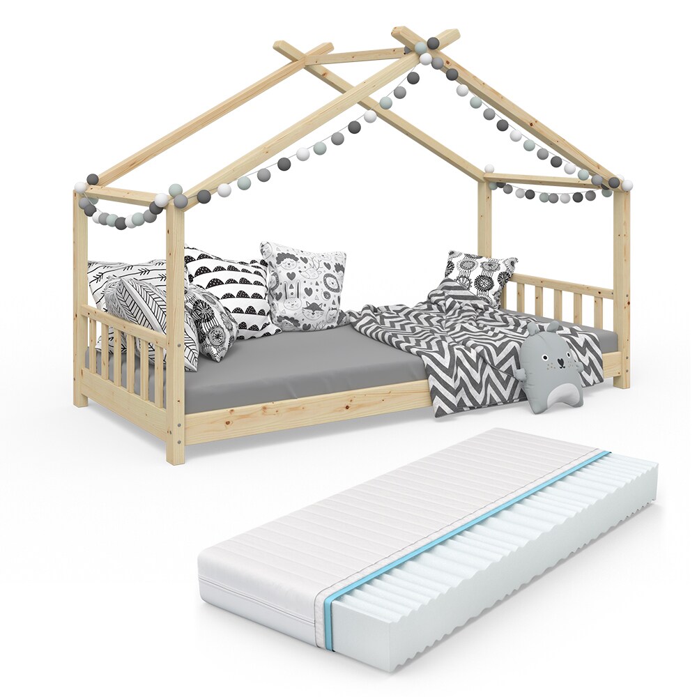VitaliSpa Design Kinderbett Hausbett Natur Kinderhaus Holzbett 90x200 Massivholz