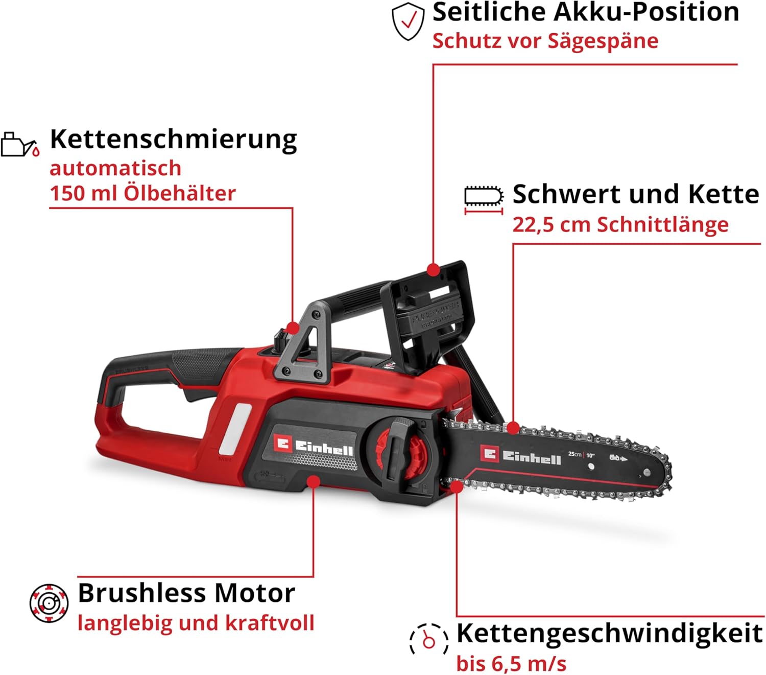 Einhell Akku-Kettensäge GE-LC 18/25 Li BL-Solo Power X-Change (18 V, 22,5 cm Schnittlänge, Brushless, 6,5 m/s Kettengeschwindigkeit, autom. Kettenschmierung, ohne Akku)