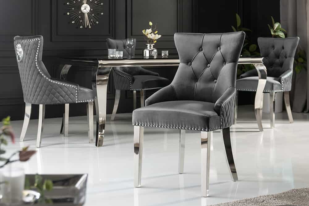 Eleganter Stuhl CASTLE DELUXE grau Samt Löwenkopf Chesterfield Design Esszimmerstuhl Nieten
