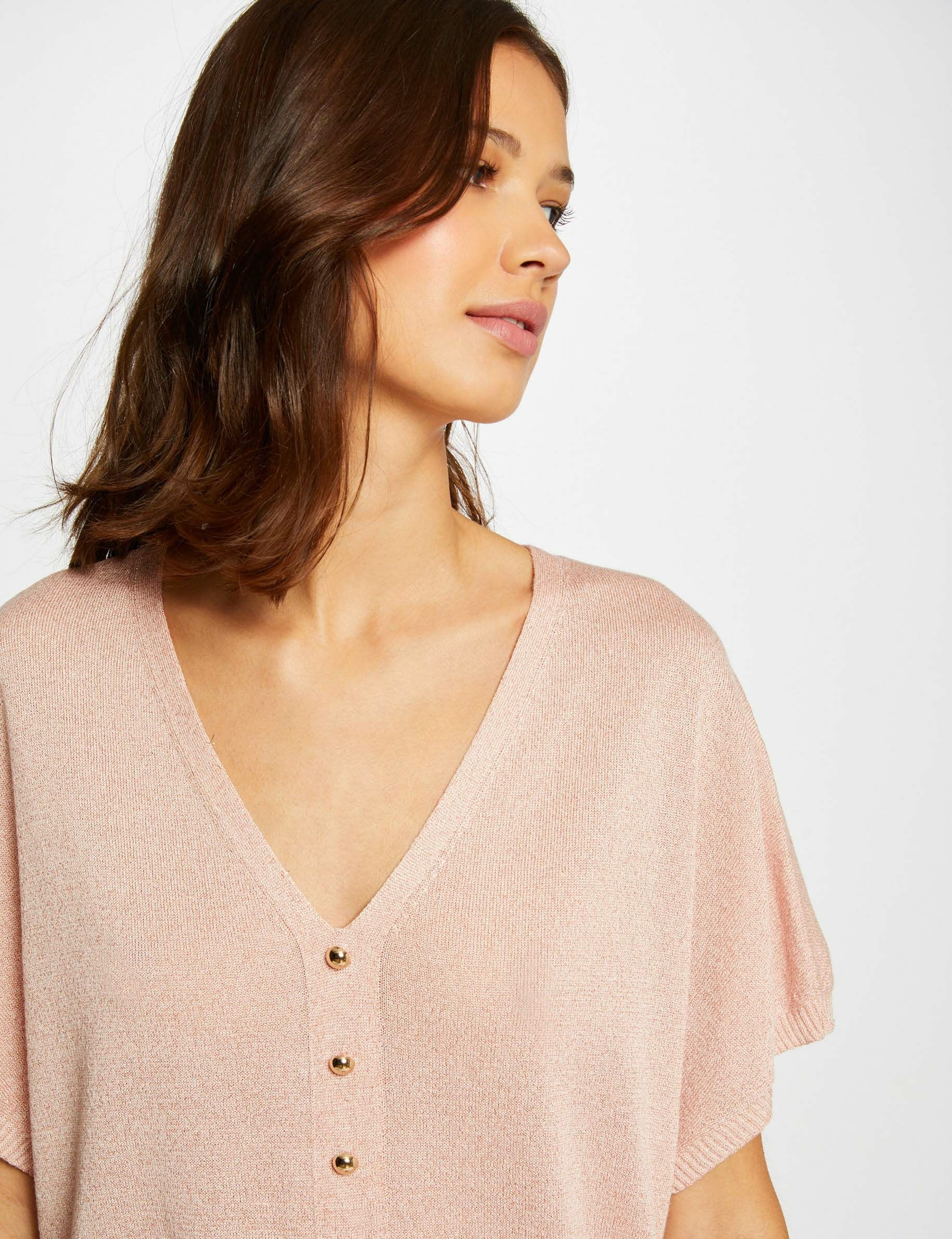 Pull manches courtes avec boutons vieux rose femme - vieux_rose