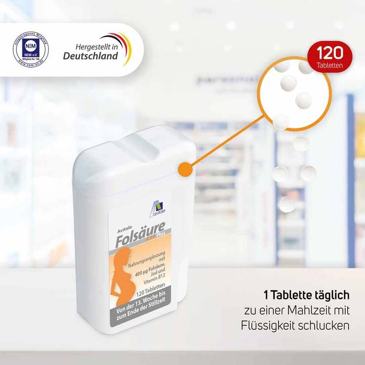 Folsäure 400 Plus B12 + Jod Tabletten, 120 St