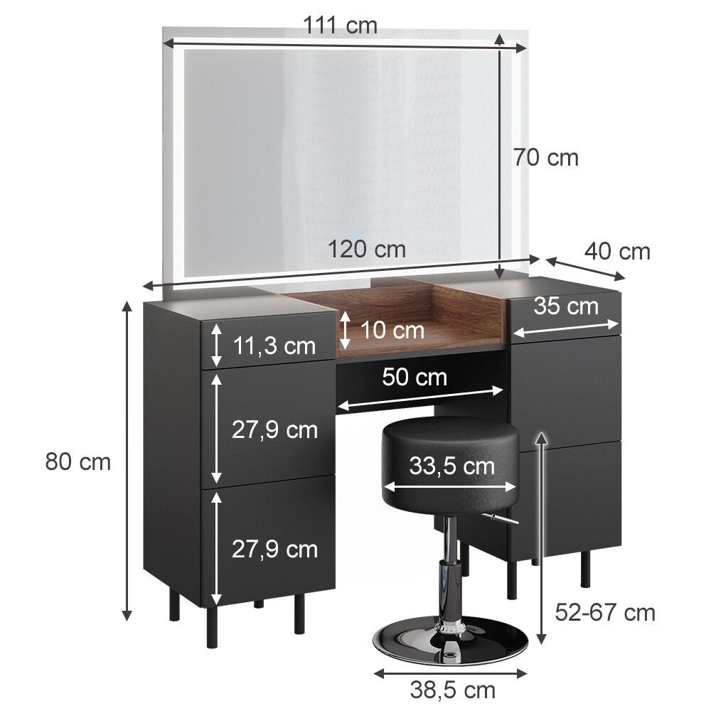 Vicco Schminktisch Anika 120 x 80 cm mit LED-Spiegel & Hocker, Anthrazit Walnussbraun, 6 Schubladen, Schlafzimmer