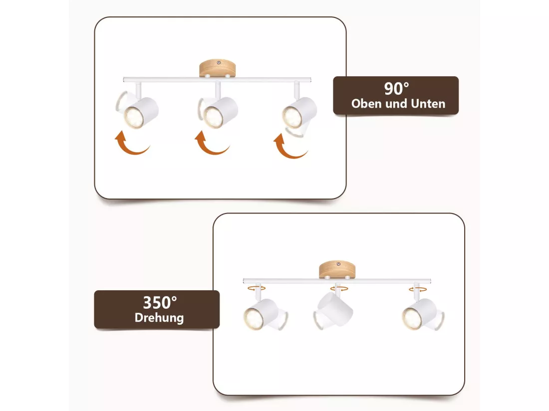 NETTLIFE Plafonnier LED 3 flamme - Blanc Plafonnier GU10 Spot pivotant Applique murale en bois Spot mural pour salon chambre Sans ampoule