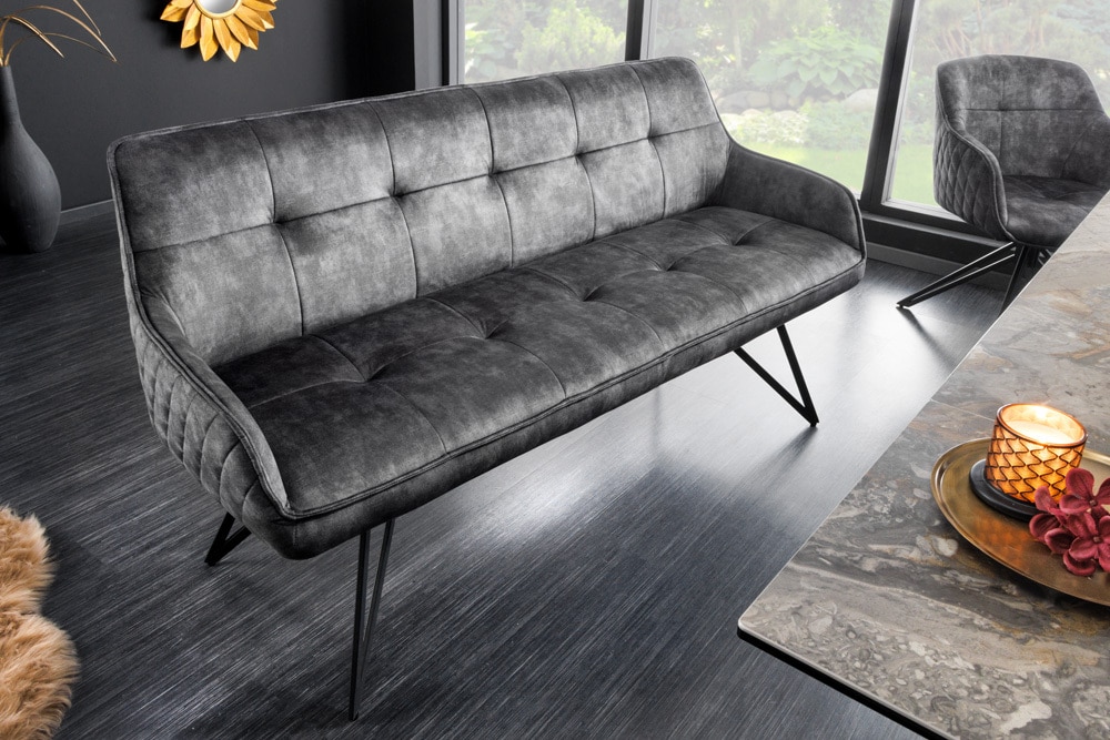 riess-ambiente Sitzbank EUPHORIA - 60cm dunkelgrau Samt Retrostil Ziersteppung Hairpin Legs Metallbeine Armlehnen
