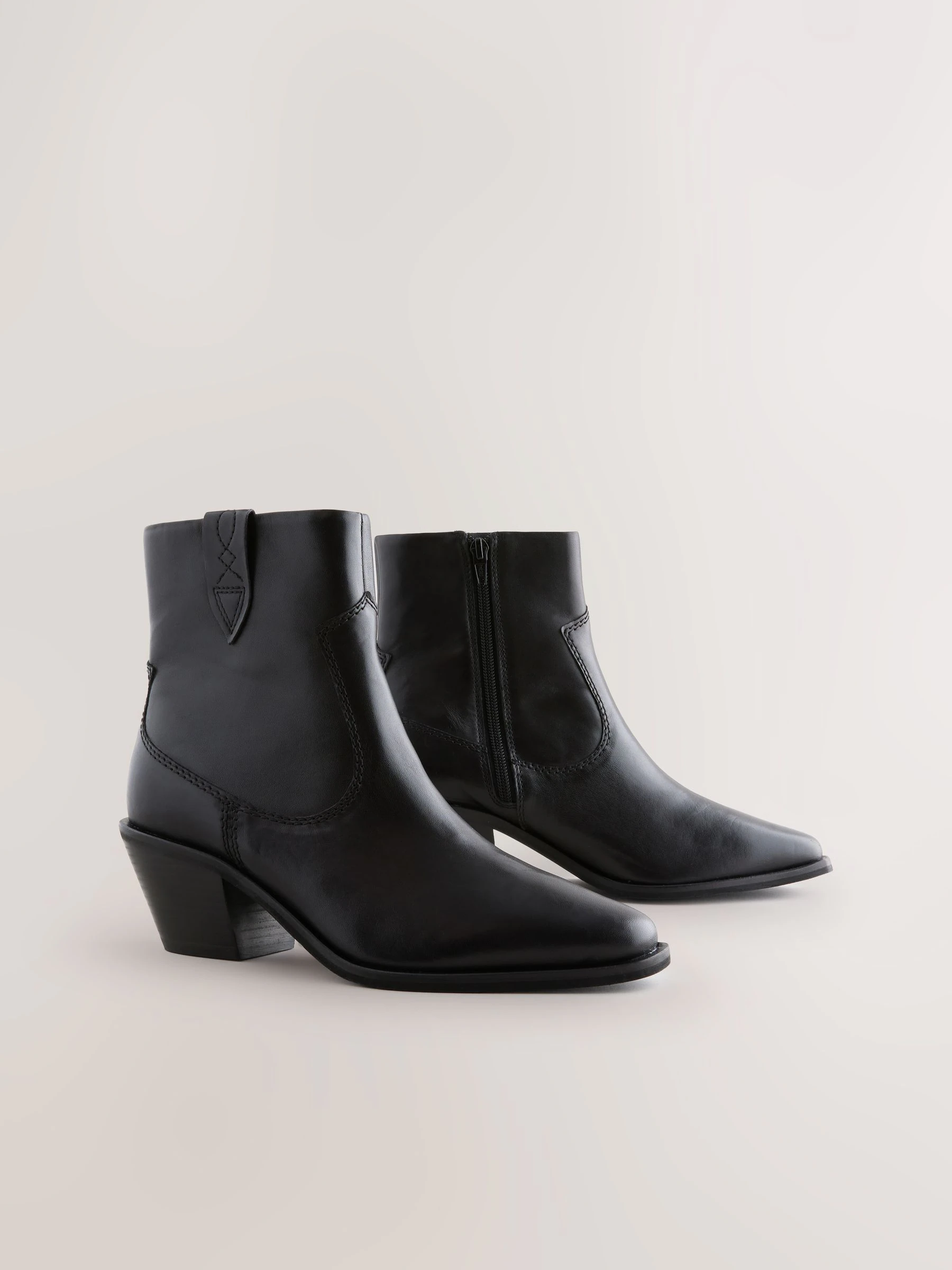 Zwart leer - Cowboy Block Heel Ankle Boots