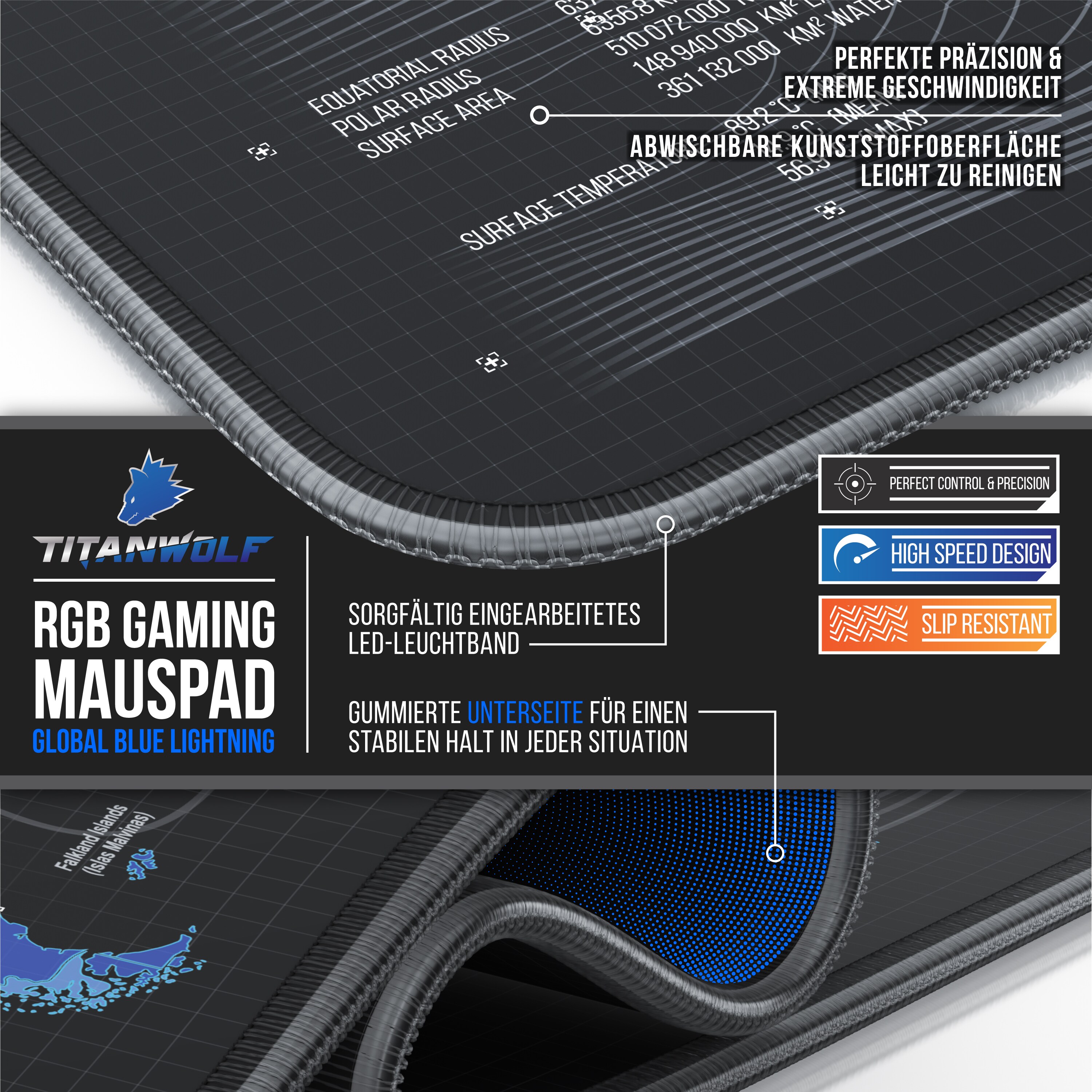 Titanwolf RGB Gaming Mauspad, Mousepad 900 x 400 mm, verbessert Präzision & Geschwindigkeit, Weltkarte blau