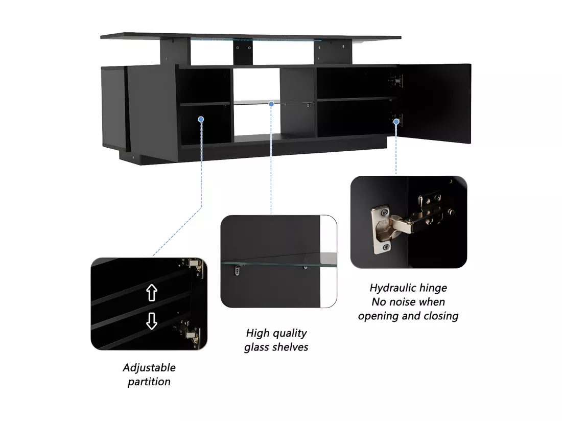 Meuble TV 140 cm avec éclairage LED en 16 couleurs - avec cloisons vitrées - Noir