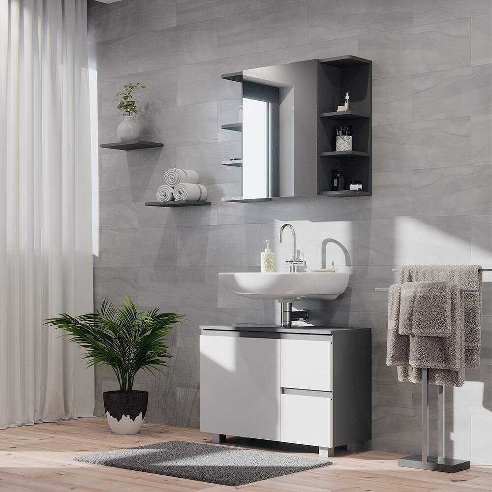 Vicco Waschtischunterschrank Waschbeckenunterschrank Badschrank J-shape Anthrazit Weiß modern 80x61cm Badezimmer Schrank Badmöbel Schranktür Schrankschublade Aufbewahrung