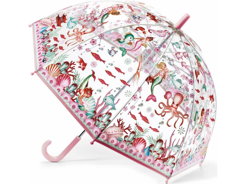 DJECO Regenschirm Meerjungfrau 70 x 68 cm Transparenter Kinderregenschirm mit bunten Motiven