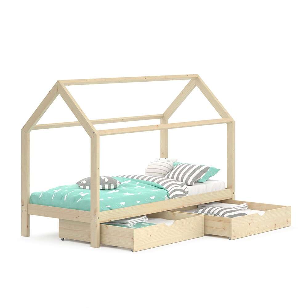VitaliSpa Kinderbett Hausbett Schubladen Bett Holz Kinderhaus natur 90x200 cm