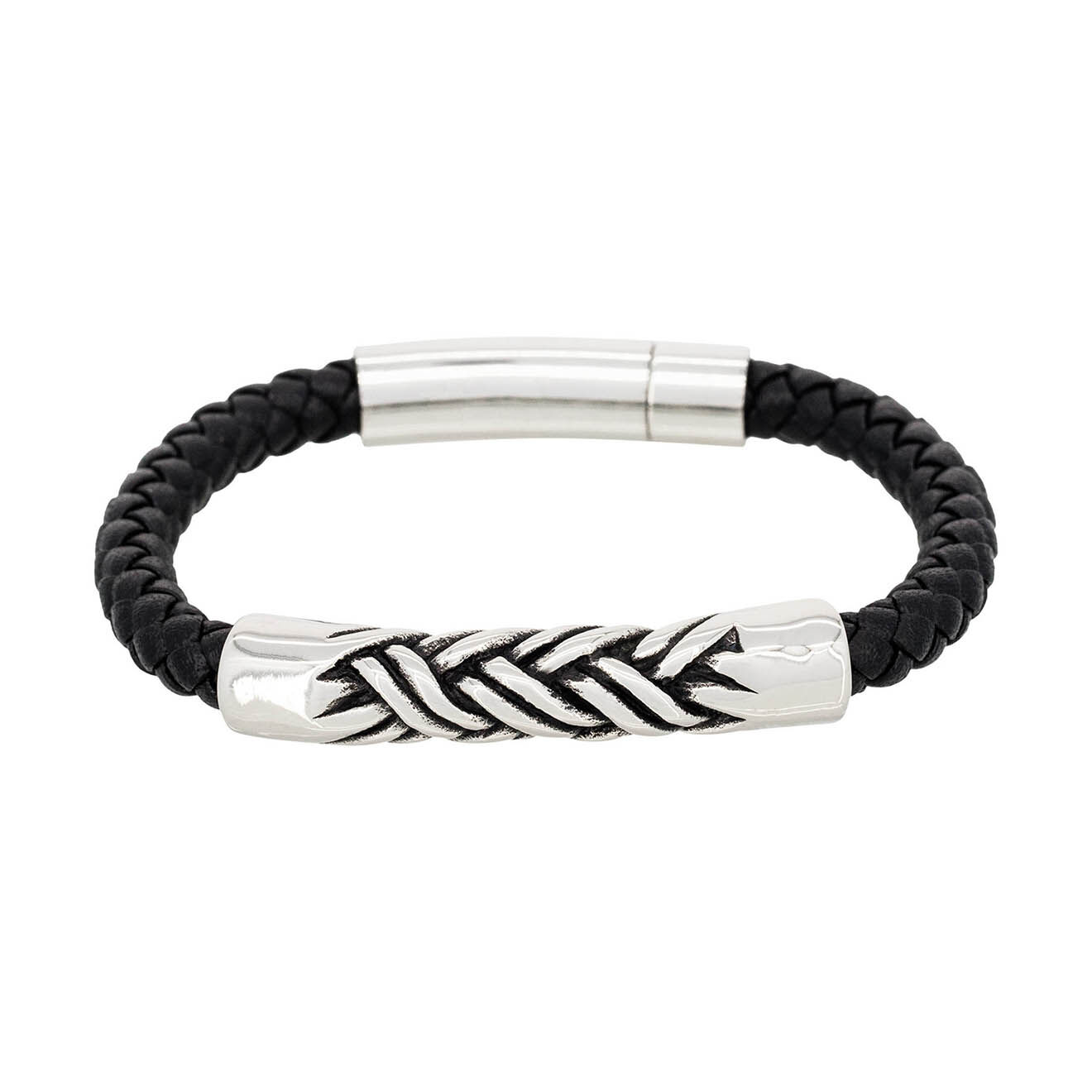 Jacobson Bracelet Tressé en Acier & Cuir noir