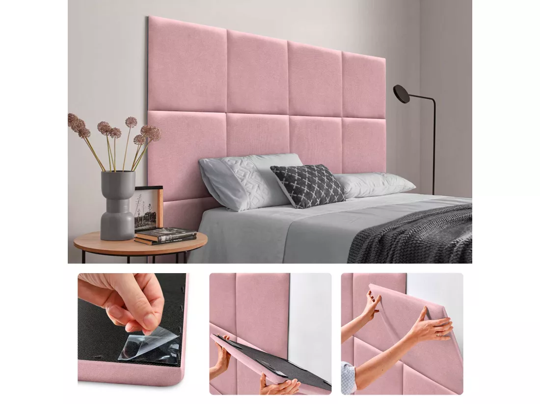 DHOME Lot de 6 Panneaux Rembourrés en Tissu Aqualine Autocollants pour Mur Acoustiques Absorbants Protection contre les Chocs (Rose, 60x60cm, x6)