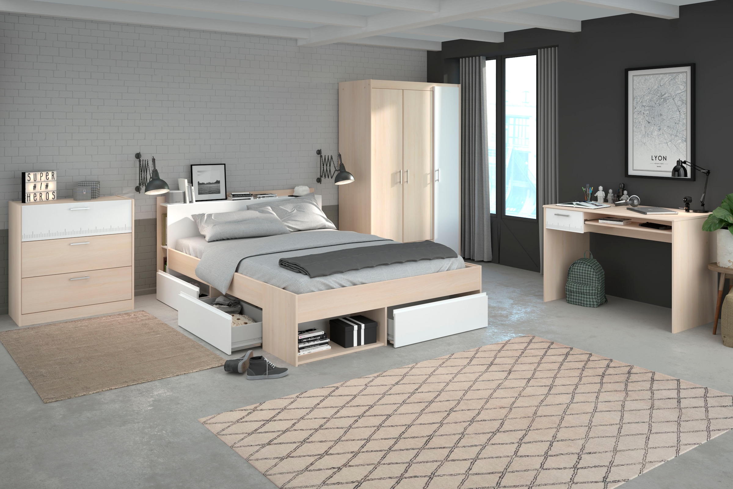 Parisot Jugendzimmer-Set »Most« Set, Bett mit Schubkästen, Kleiderschrank, Schreibtisch, Schubkastenkommode, 4 Stk. tlg.