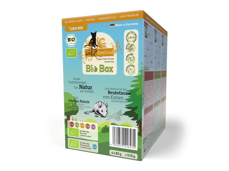catz finefood Nassfutter Bio Collection, 6 x 85 g Ausgewogenes Alleinfuttermittel mit der Extraportion Öl