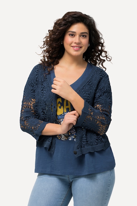 Strickjacke, Musterstrick, V-Ausschnitt, 3/4-Arm