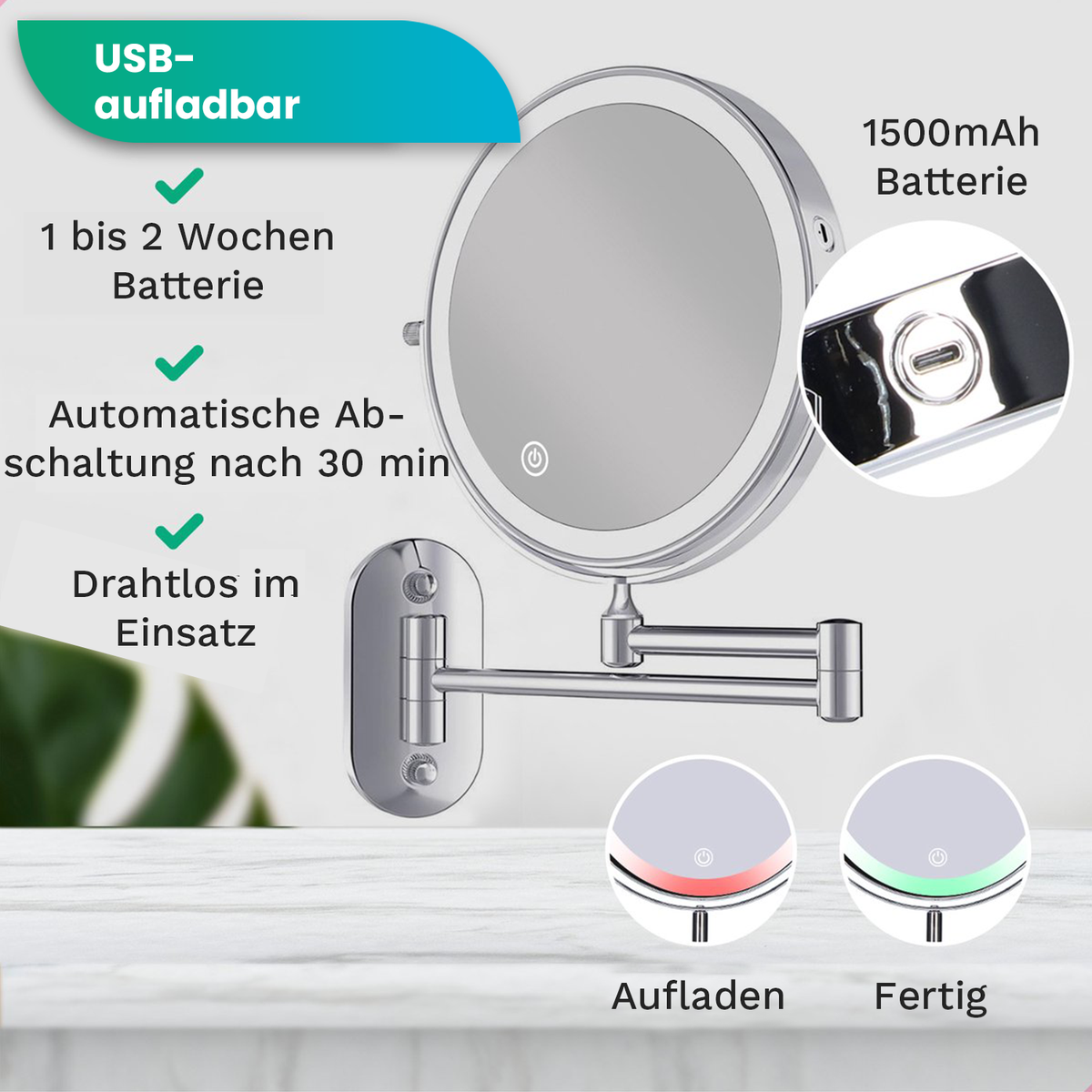 Mirlux make-upspiegel met ledverlichting, cosmetische spiegel 10x vergroting, ronde chromen wandspiegel