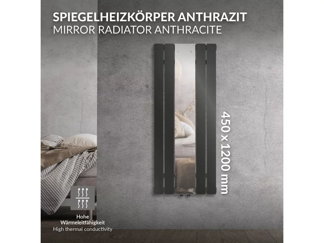 Radiateur plat vertical anthracite avec miroir en verre raccord central 45x120cm