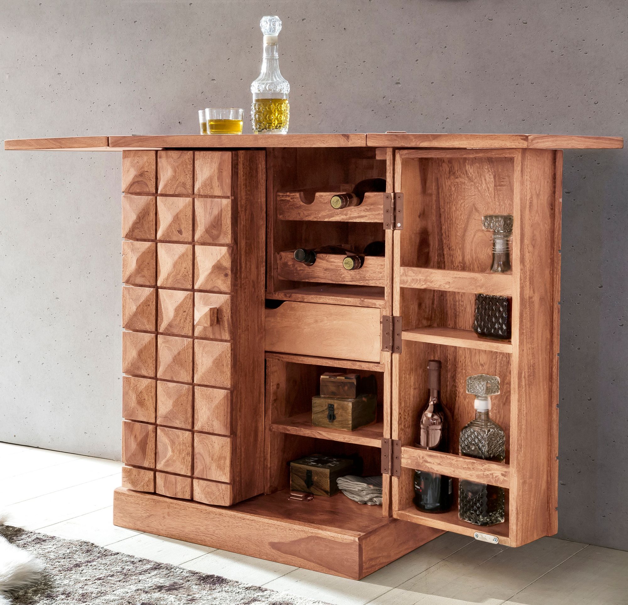 KADIMA DESIGN SAAR Massivholz Hausbar 65x91x50 cm, Ausklappbare Weinbar, Barschrank mit Türen