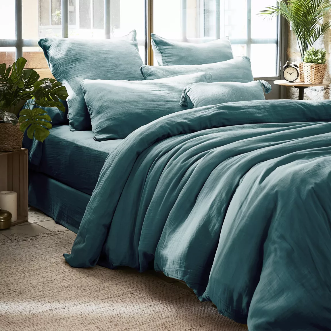 Drap housse gaze de coton (200 x 200 cm) Gaïa Bleu canard
