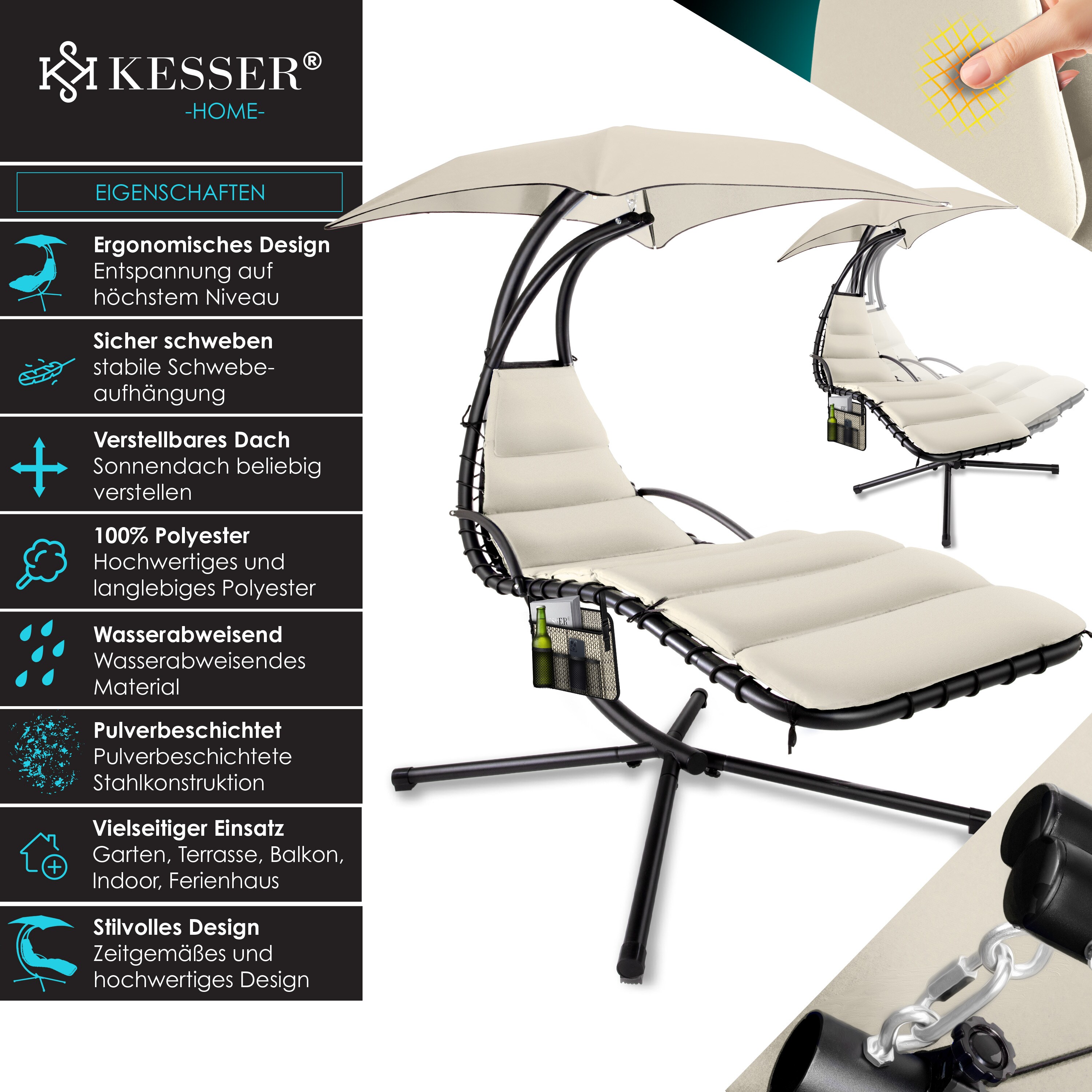 KESSER® Schwebeliege mit Sonnenschirm, Hängeliege , Sonnenliege H200, L194, B100 cm, Relaxliege, Schaukelliege Hängematte , bis 120 kg belastbar , Schaukelliege, Auflagen - Nackenkissen