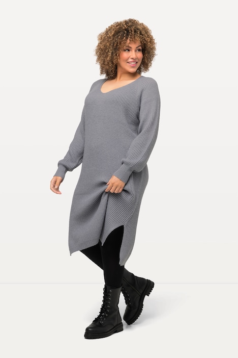 Midikleid, Rippstrick, V-Ausschnitt, Langarm, Strickkleid