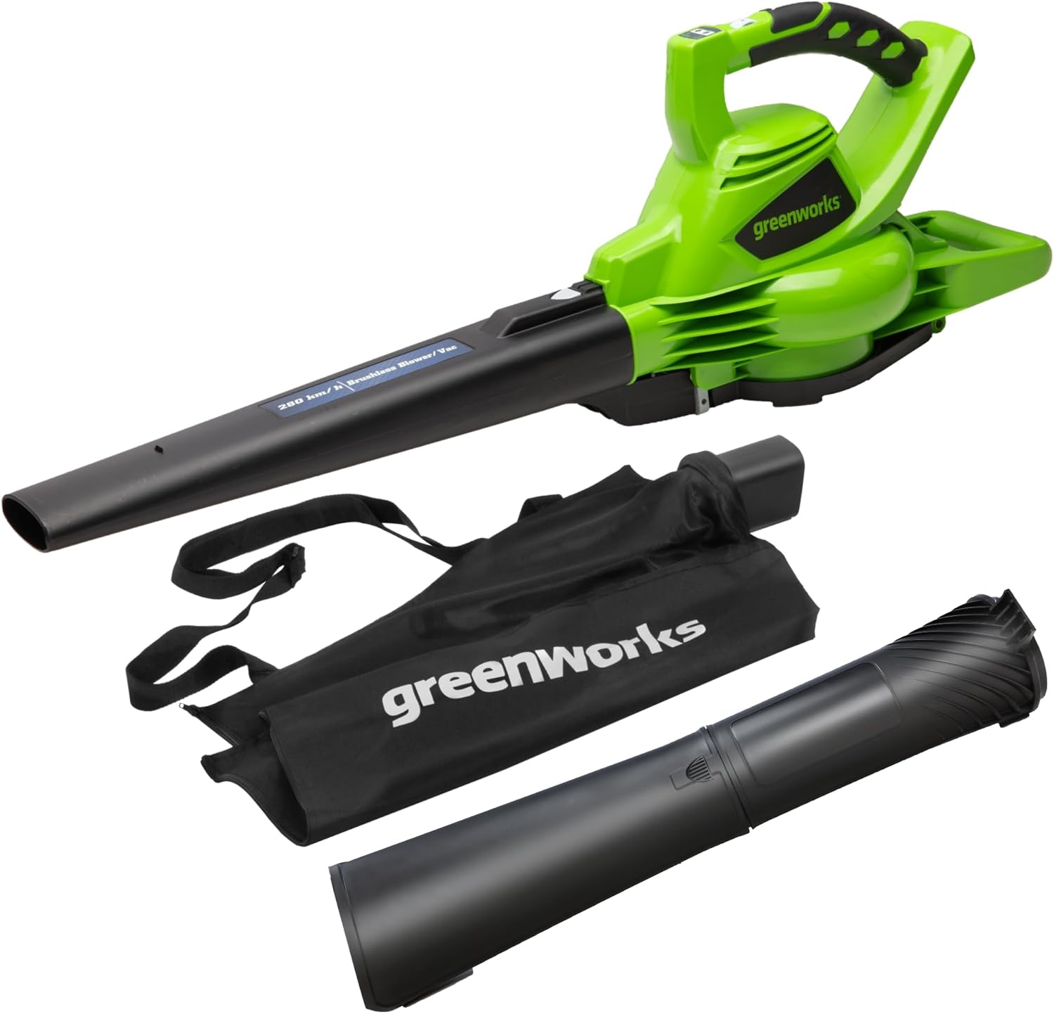 Greenworks GD40BV Akku Laubsauger / Laubbläser mit bürstenlosem Motor, 280 km/h, 9,63 m³/min, 45L Fangsack OHNE 40V Akku & Ladegerät, 3 Jahre Garantie
