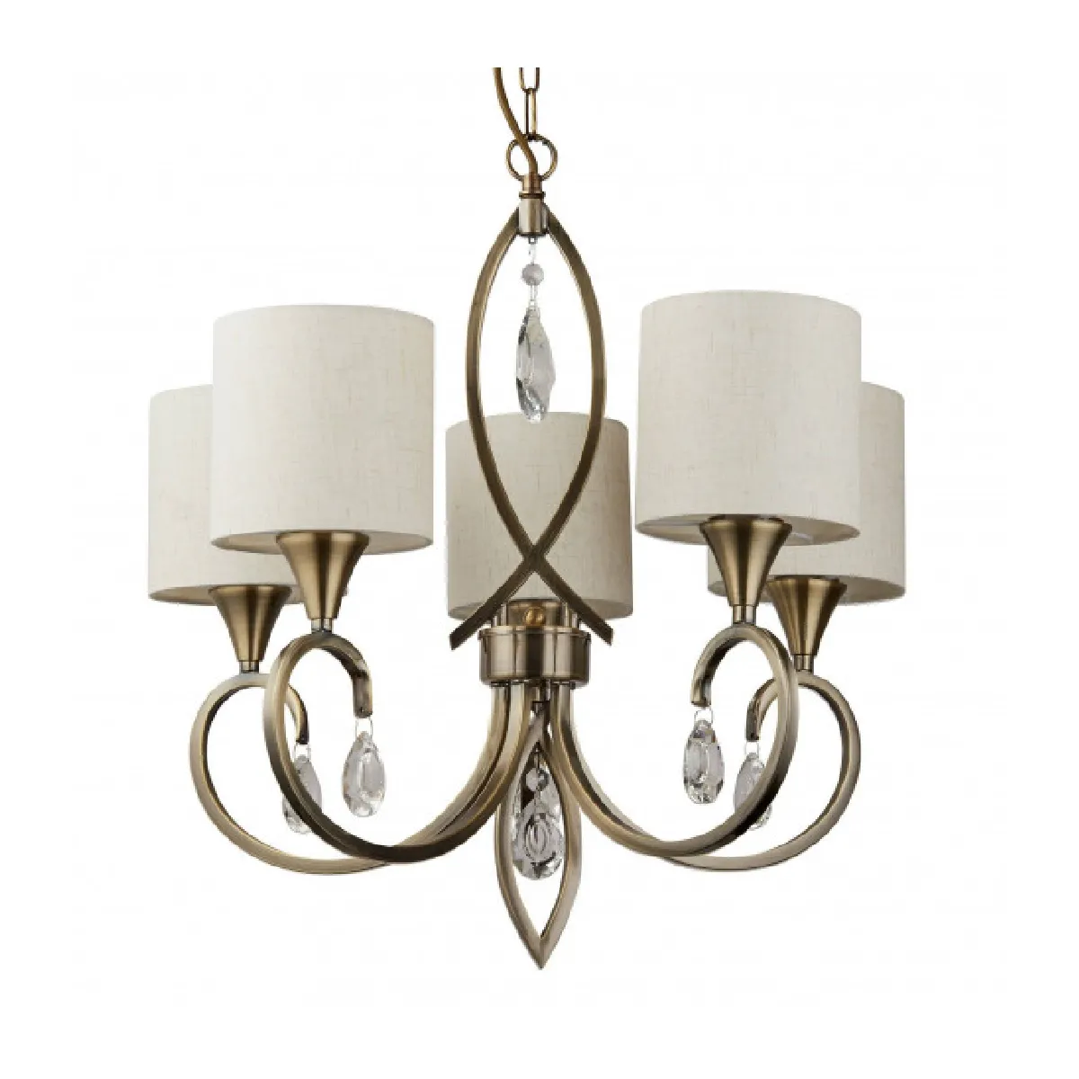 Searchlight Suspension Alberto 5 ampoules Cristal,métal,tissu Laiton antique,crème