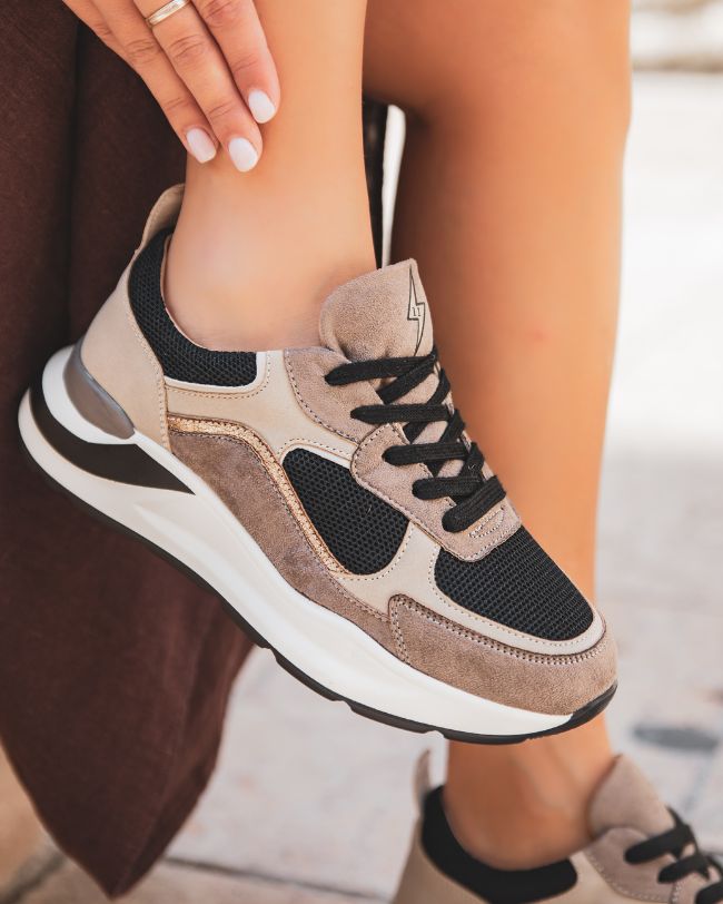 Basket femme beige et noire à lacets - CL58 TAUPE